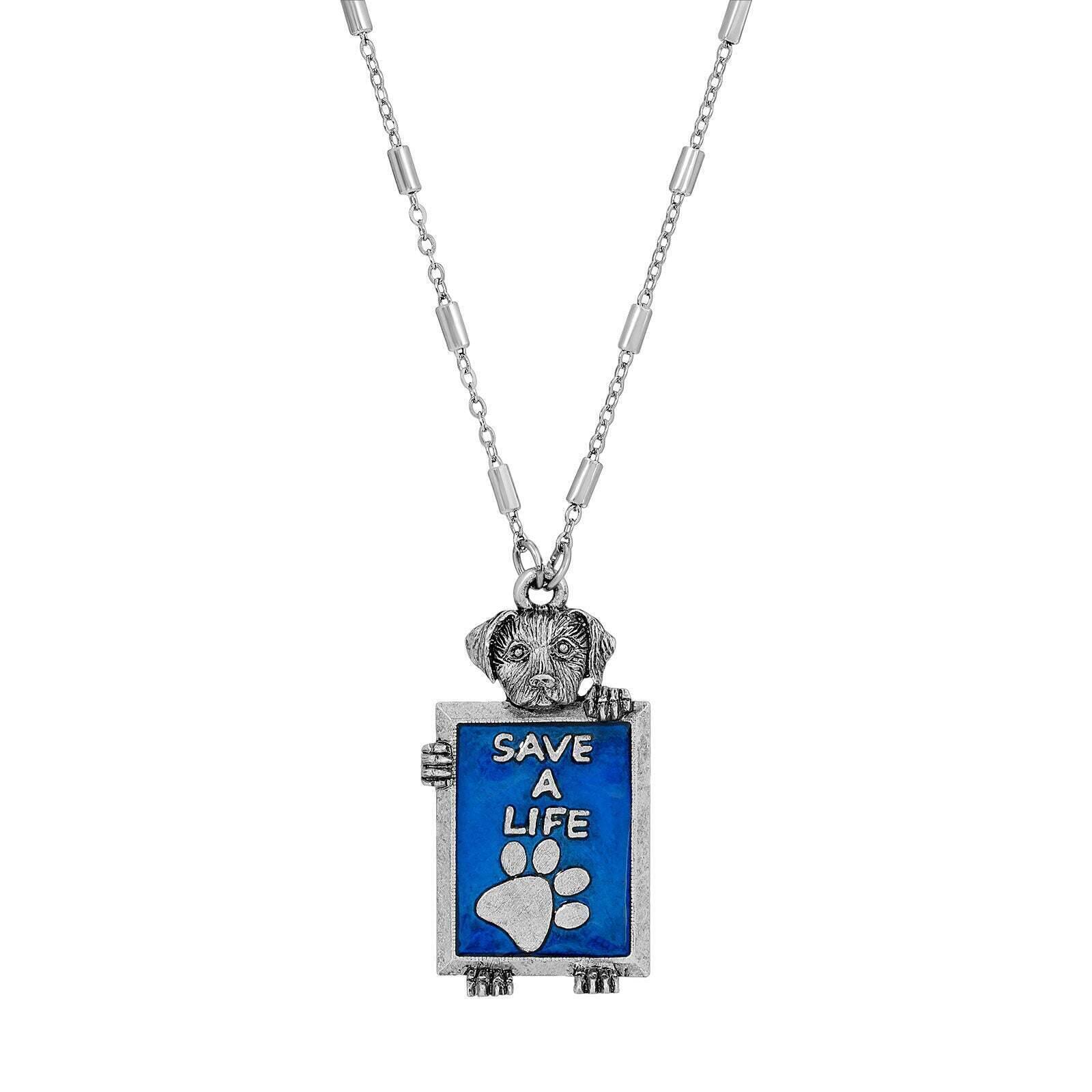 Pewter Dog Blue Enamel Save A Life Pendant Necklace 28"