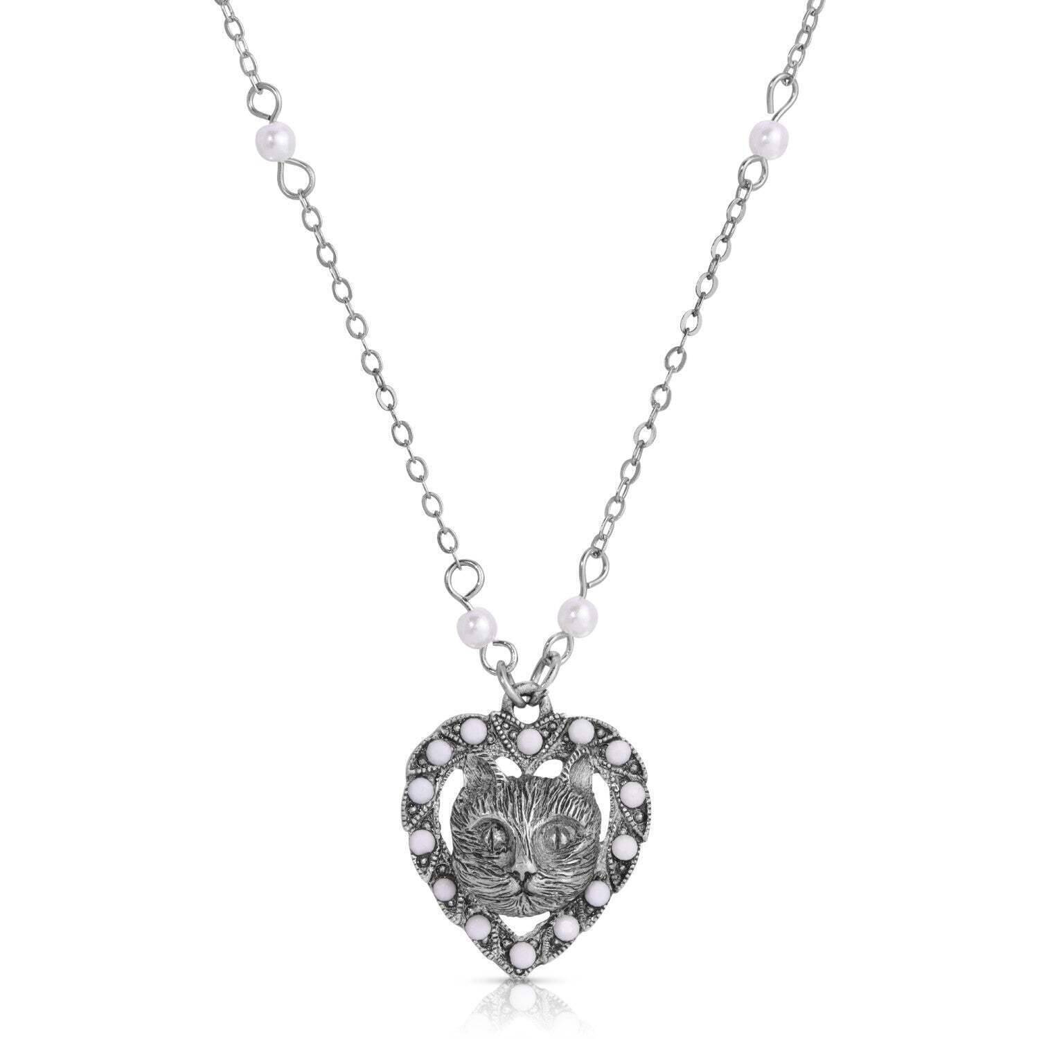 Heart And Cat Crystal Faux Pearl Pendant Necklace 16"