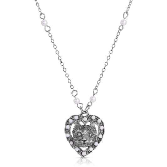 Heart And Cat Crystal Faux Pearl Pendant Necklace 16"