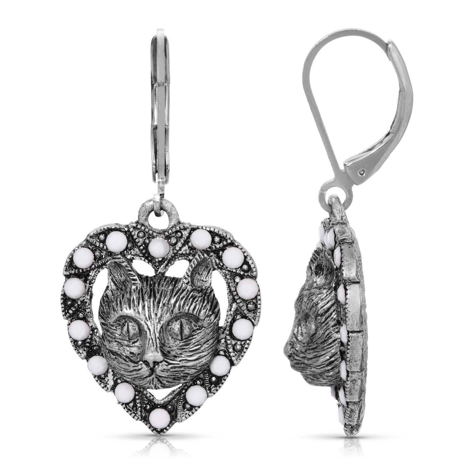 Heart And Cat White Opaque Accent Stone Lever Back Earrings