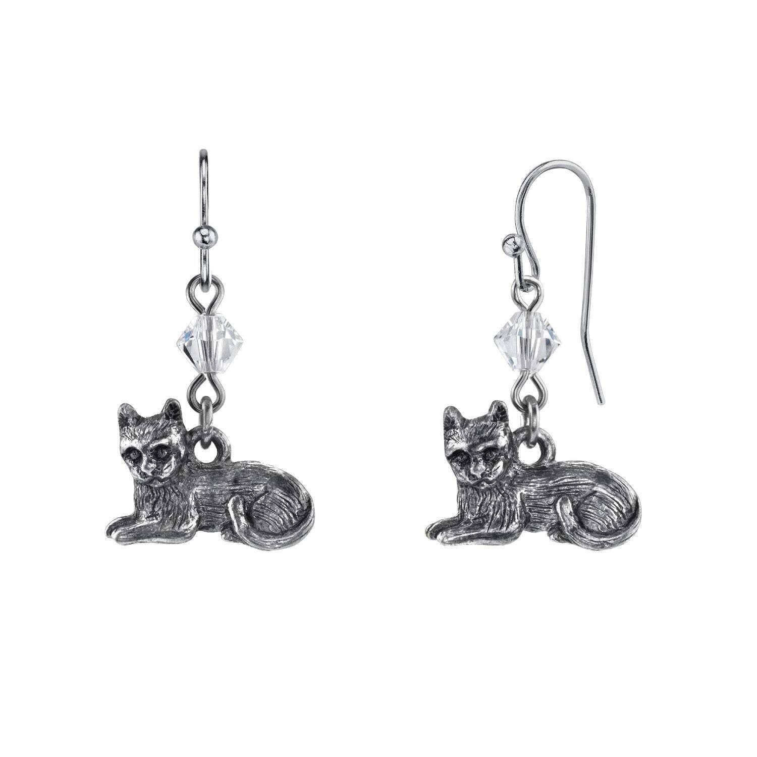 Pewter Cat & Austrian Crystal Bead Wire Earrings