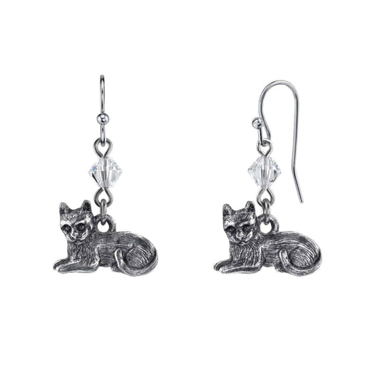 Pewter Cat & Austrian Crystal Bead Wire Earrings