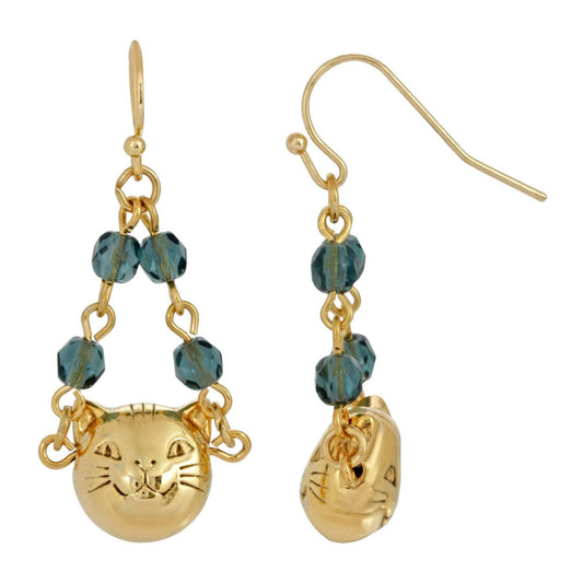 Cat Face With  Blue Beaded Chain Drop Wire Earrings