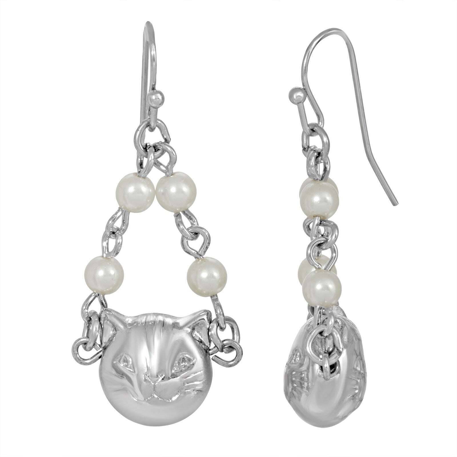 White Faux Pearl Cat Dangle Earrings