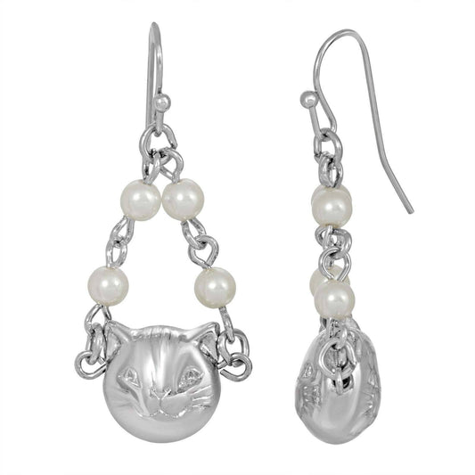 White Faux Pearl Cat Dangle Earrings