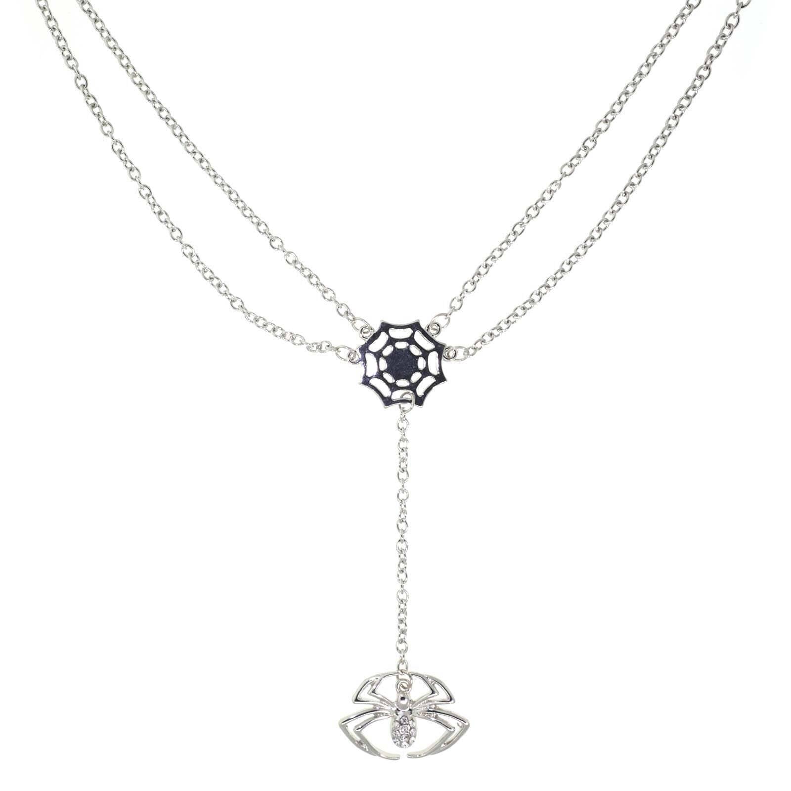 Spider Web With Crystal Spider Drop Necklace 16"