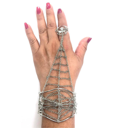Web Cuff Bracelet & Link Chain Crystal Spider Ring Size 7