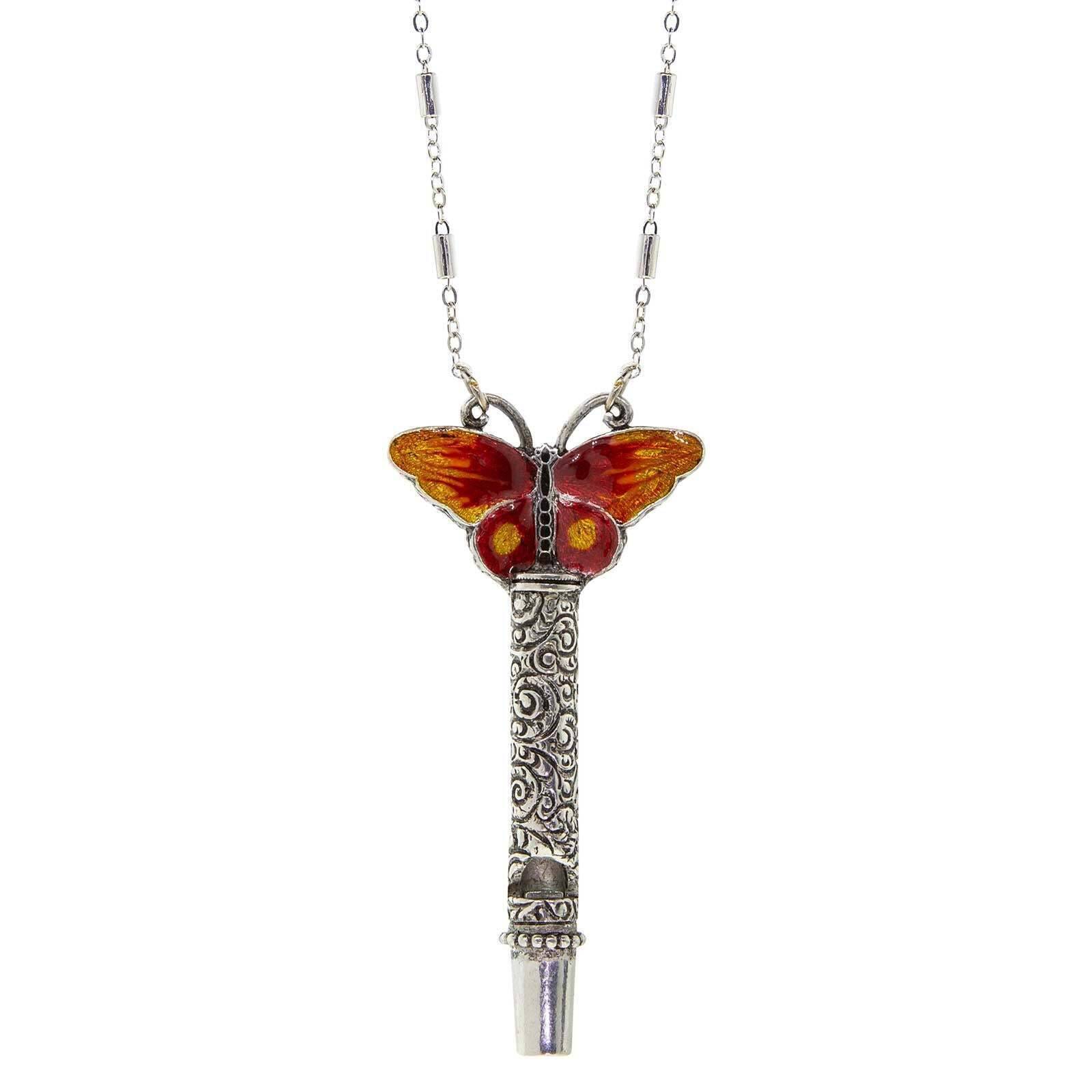 Multicolor Enamel Butterfly Etched Filigree Whistle Necklace 30"