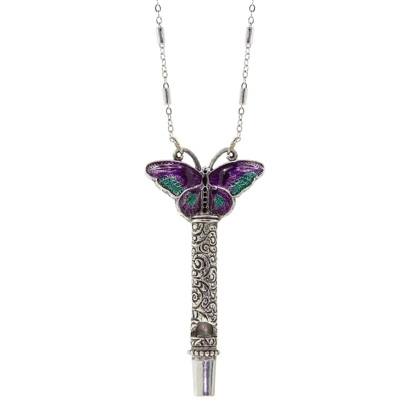 Multicolor Enamel Butterfly Etched Filigree Whistle Necklace 30"