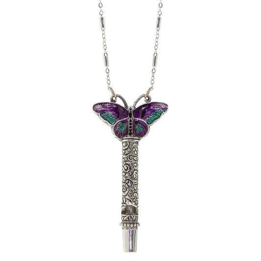Multicolor Enamel Butterfly Etched Filigree Whistle Necklace 30"