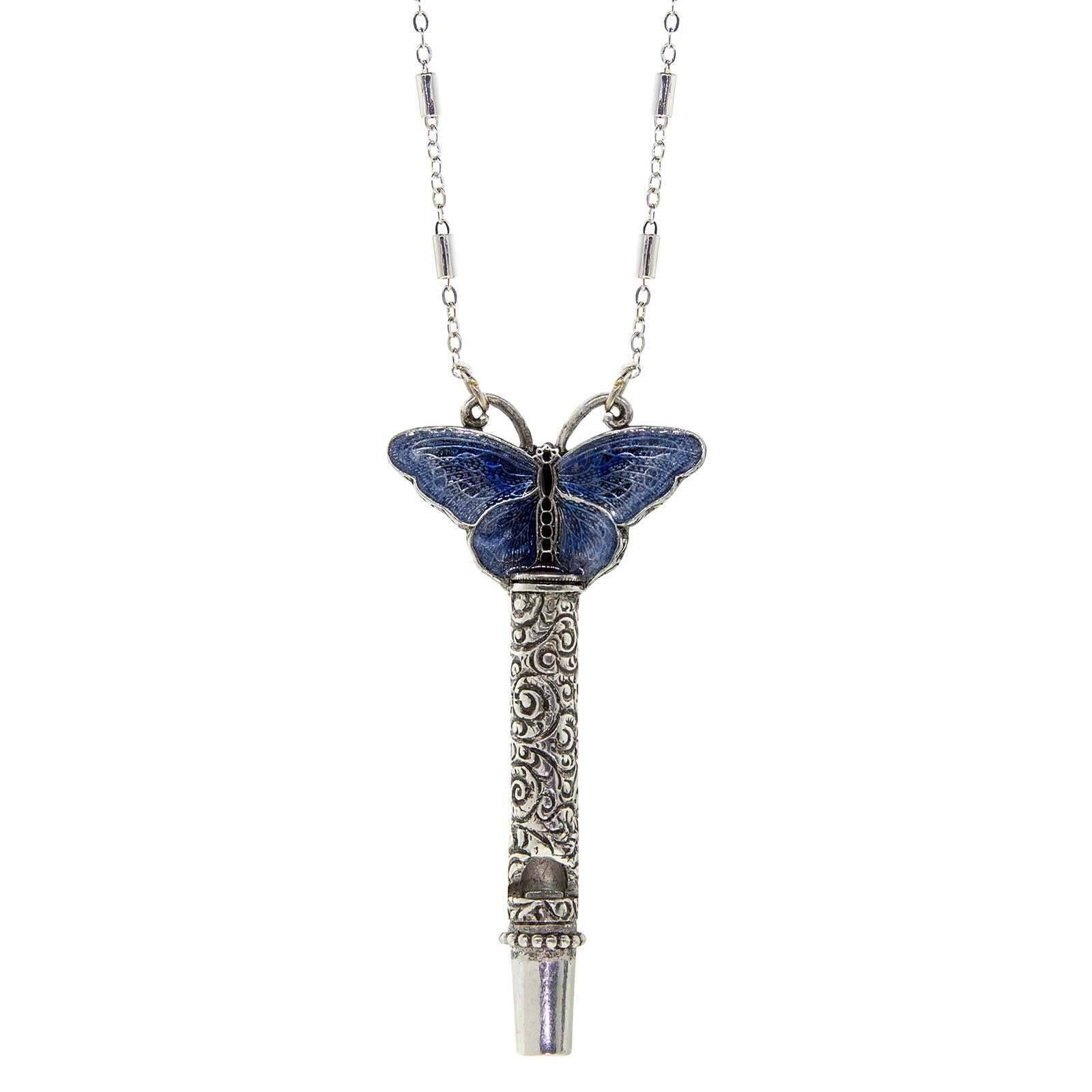 Multicolor Enamel Butterfly Etched Filigree Whistle Necklace 30"