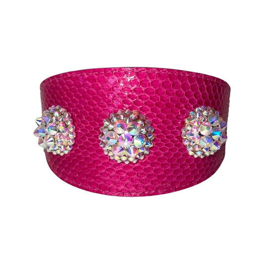 Fuchsia Snake Wide Style Collar With 3 Custom Swarovski Crystal Rivets