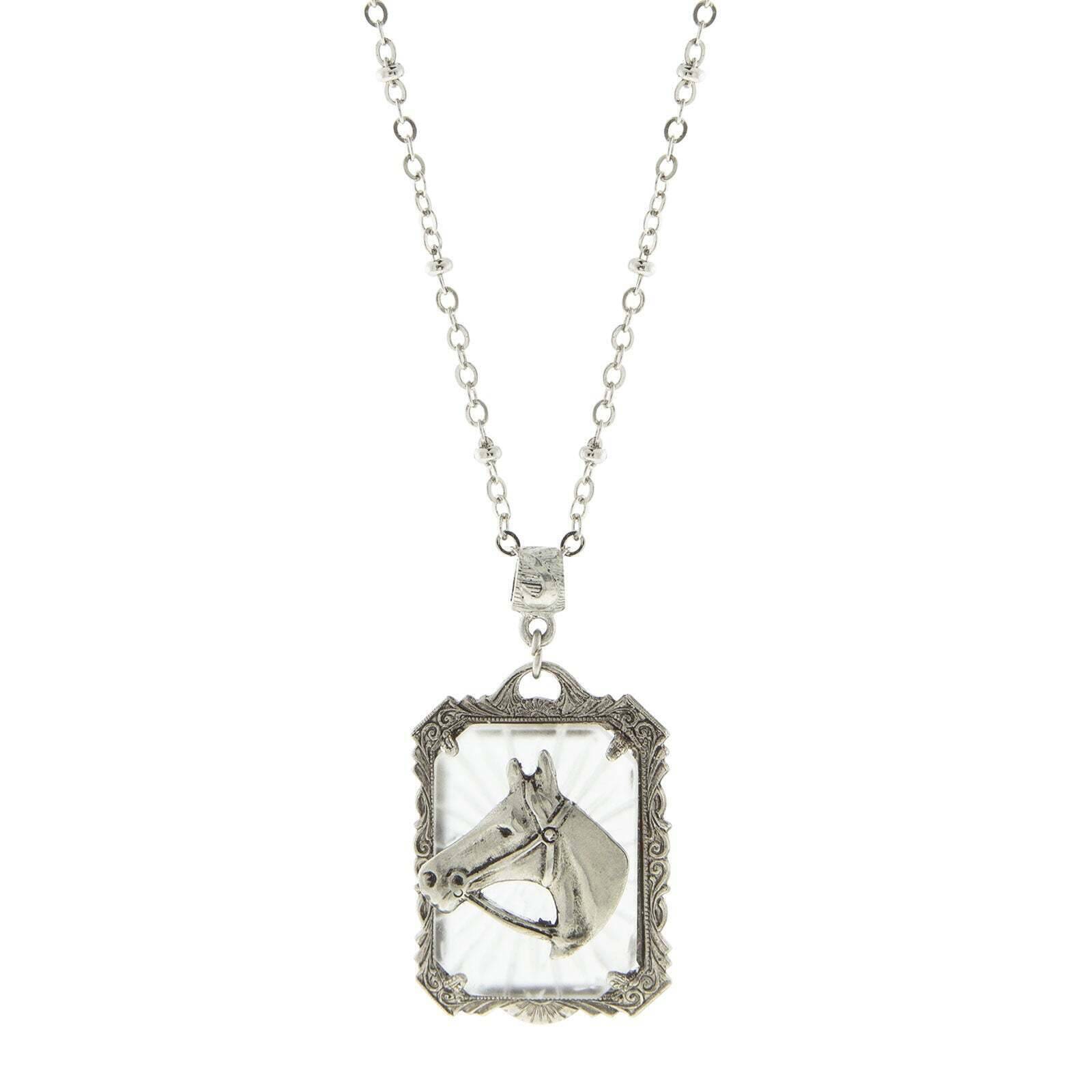 Lalique Rectangle Glass Horse Head Pendant Necklace 24"