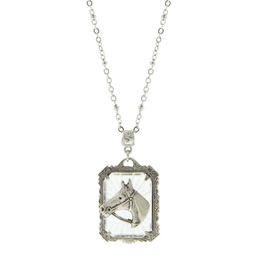Lalique Rectangle Glass Horse Head Pendant Necklace 24"