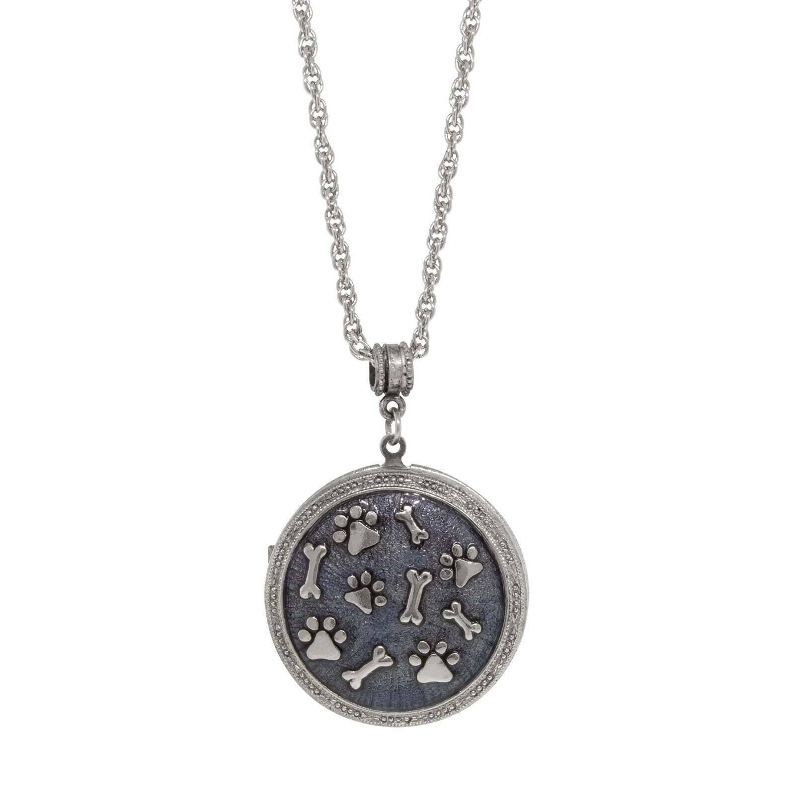 Blue Enamel Round Paws And Bones Locket Necklace 28"