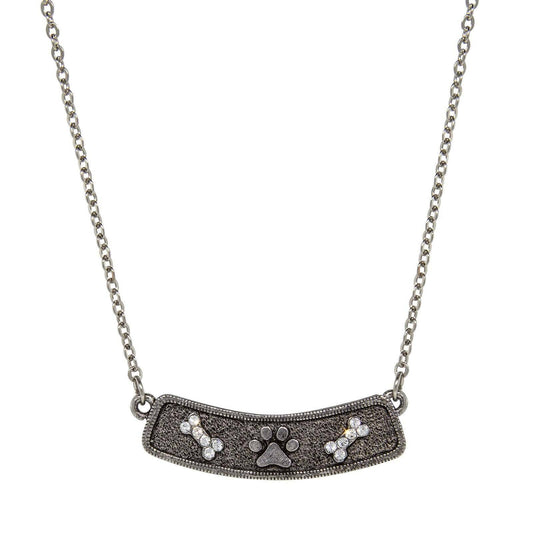 Crystal Bone And Paw Bar Pendant Necklace 17" + 3" Extender