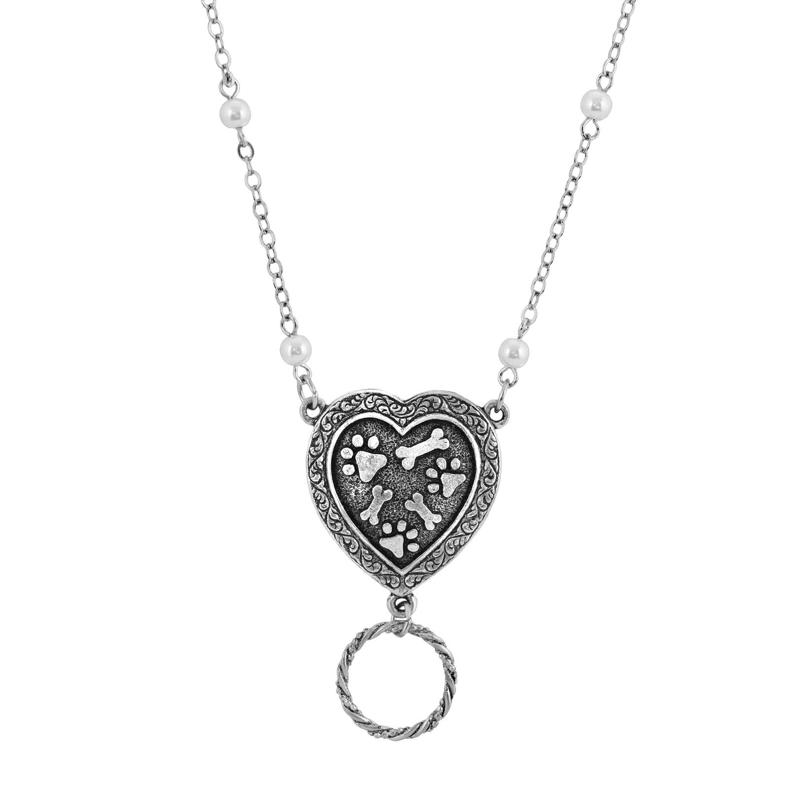 Faux Pearl Heart Paws And Bones Eye Glass & Badge Holder Pendant Necklace 28"