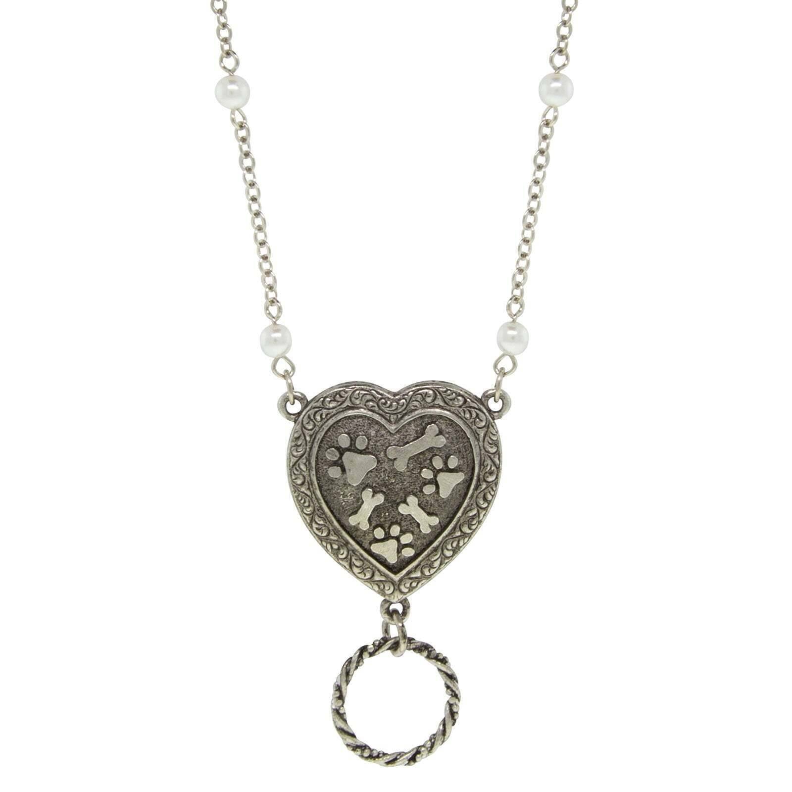 Faux Pearl Heart Paws And Bones Eye Glass & Badge Holder Pendant Necklace 28"