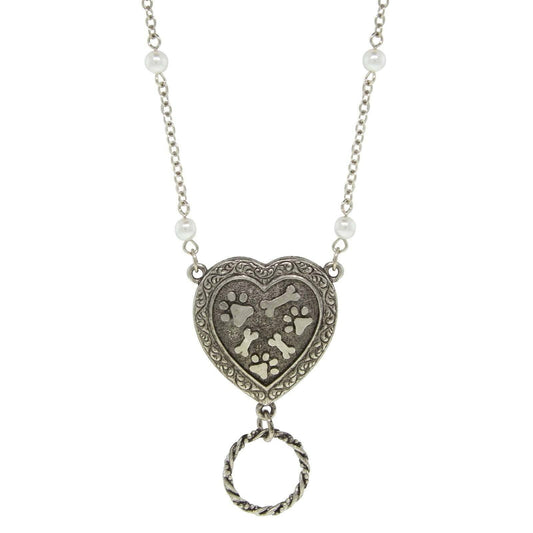 Faux Pearl Heart Paws And Bones Eye Glass & Badge Holder Pendant Necklace 28"