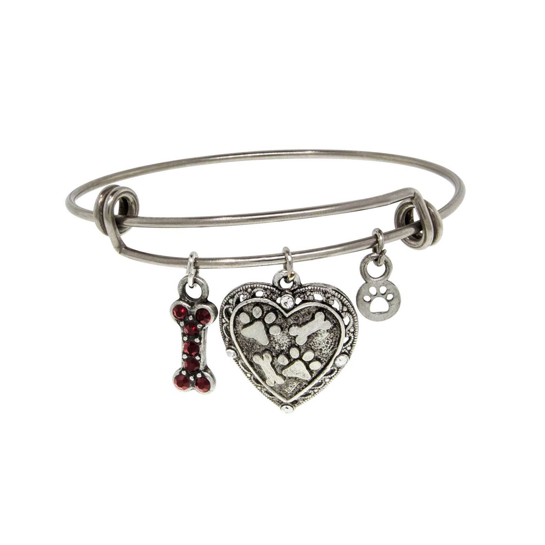 Pewter Heart Bone Paw Print Charm Bracelet