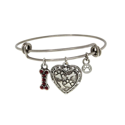 Pewter Heart Bone Paw Print Charm Bracelet