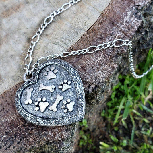 Pewter Heart Paws And Bones Pendant Necklace 28"