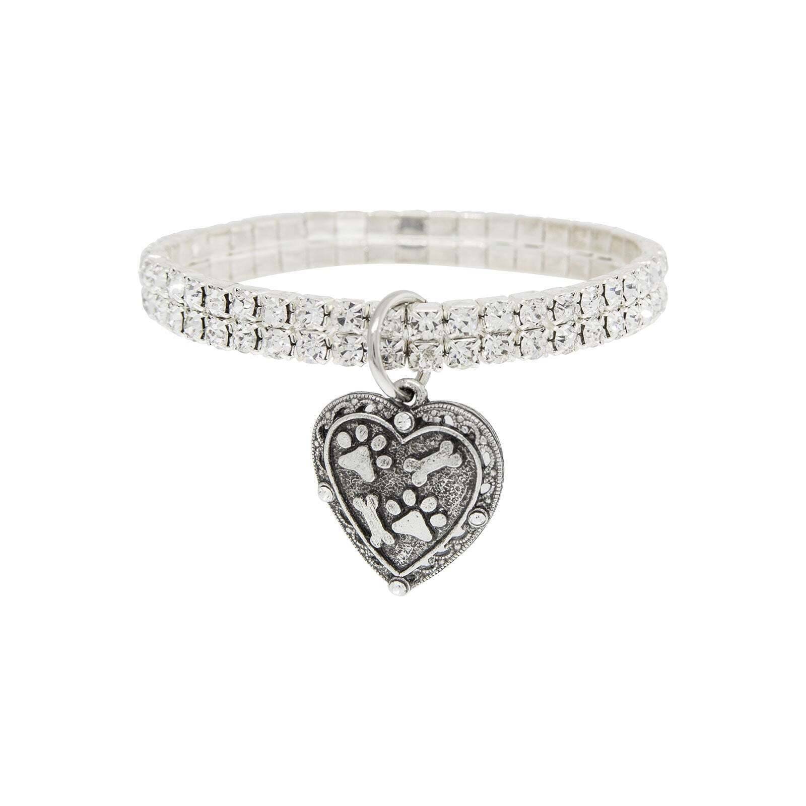Two Row Rhinestone Crystal Stretch Bracelet With Paws And Bones Heart Charm
