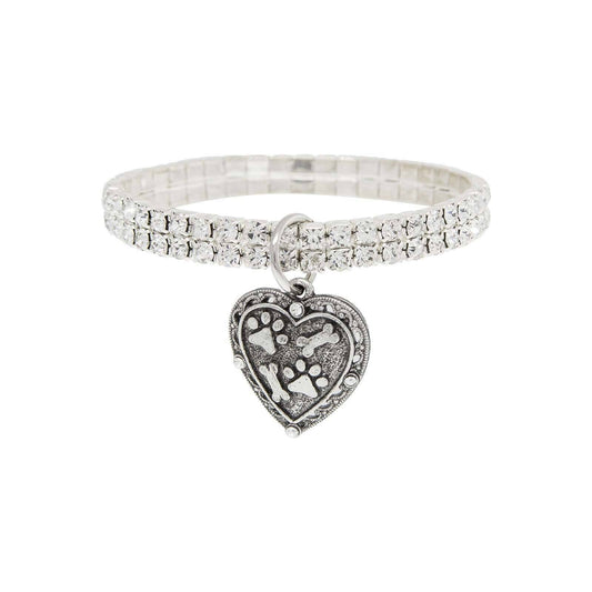 Two Row Rhinestone Crystal Stretch Bracelet With Paws And Bones Heart Charm