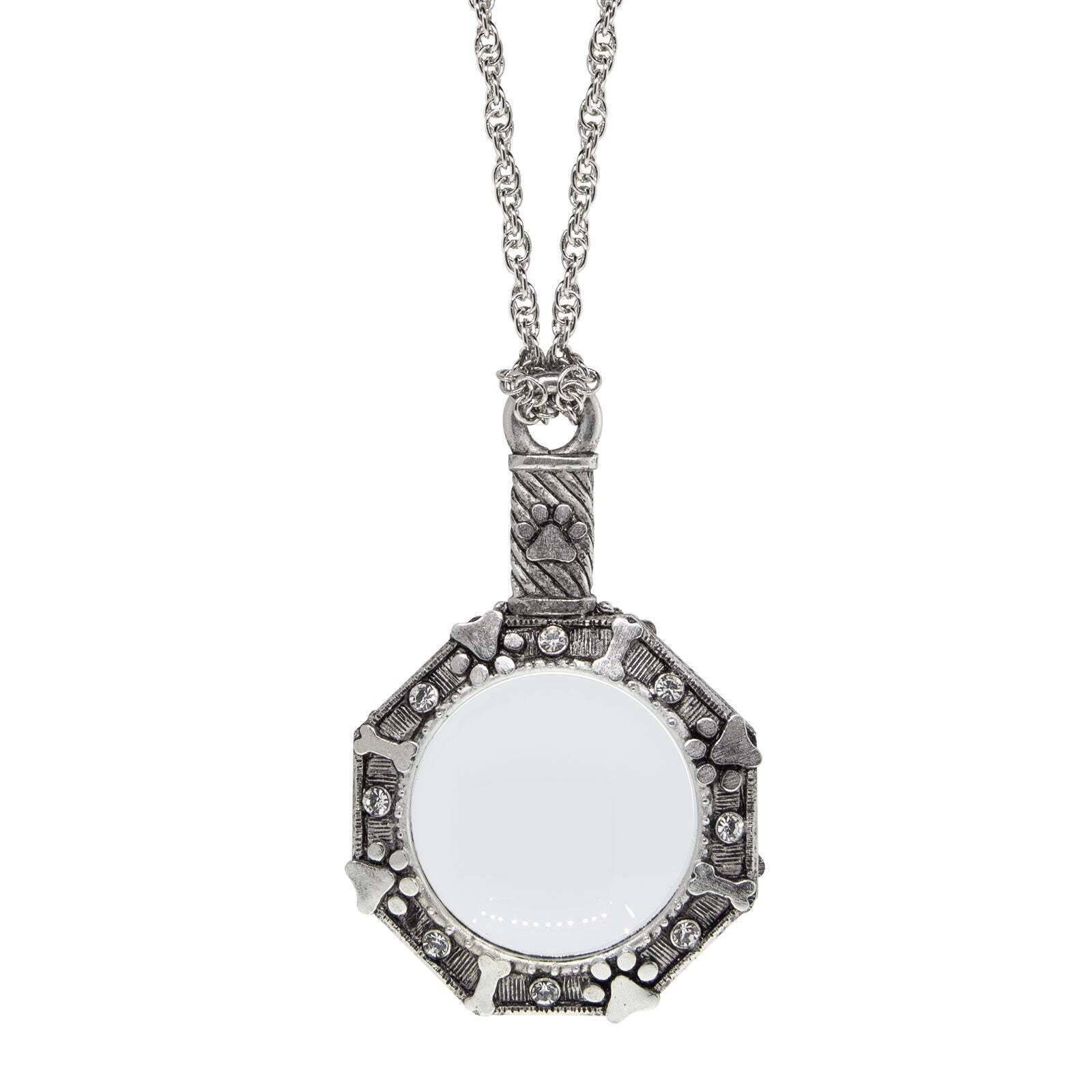Antiqued Pewter Octagon Dog Paw Bone And Heart Crystal Magnifying Glass Pendant Necklace 30 inch - Magnification Power 4-5x