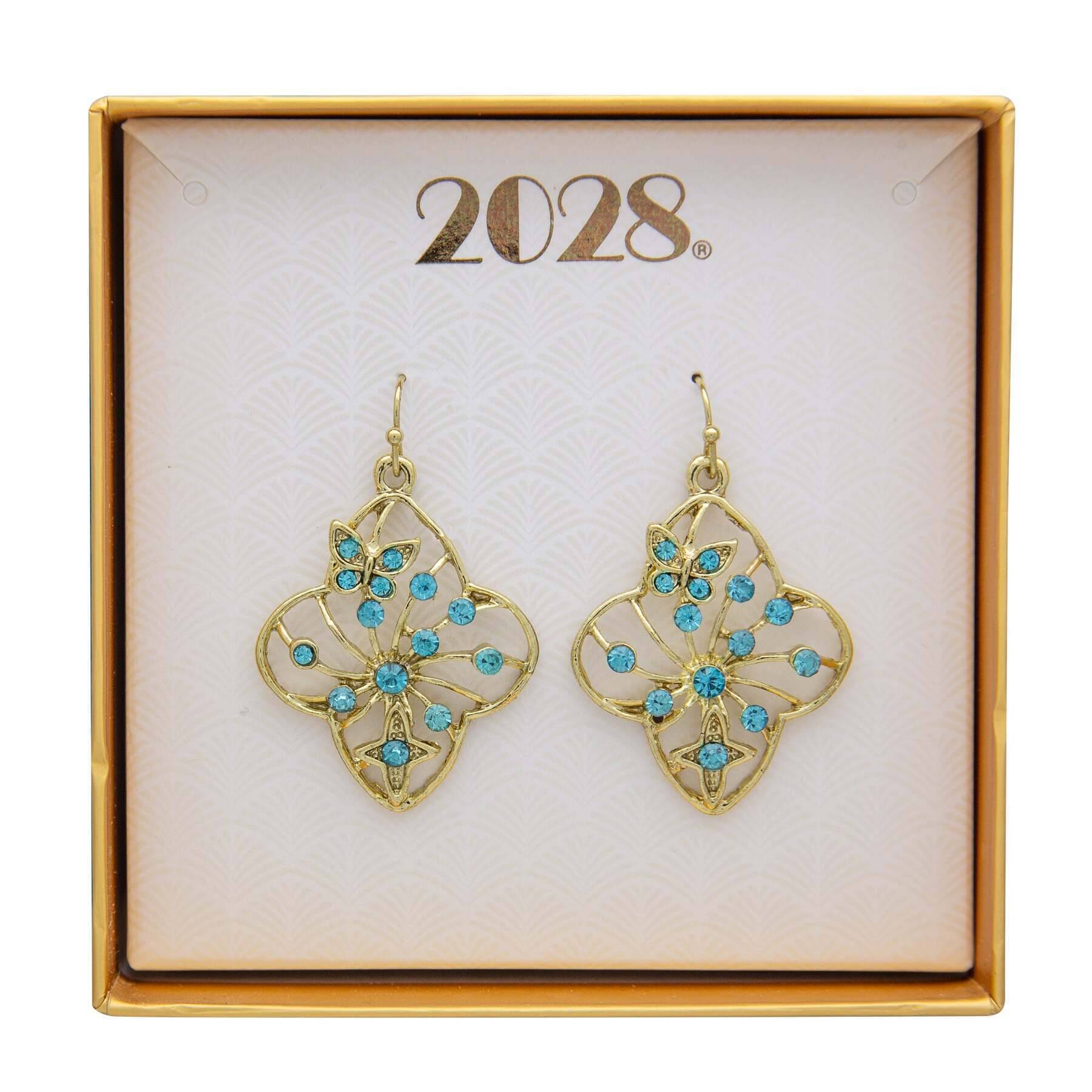 Butterfly & Cross Aqua Crystal Filigree Flower Drop Earrings