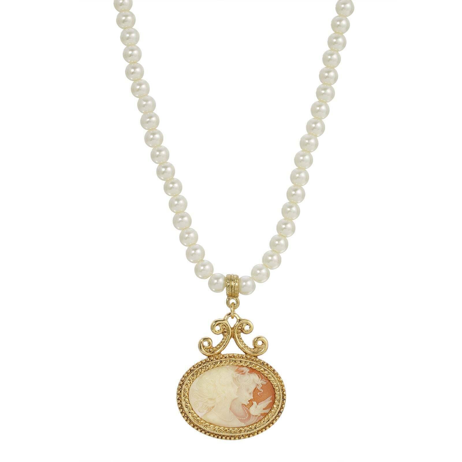 5mm Faux Pearl Strand Twin Muse And Bird Cameo Pendant Necklace 15" + 3" Extender