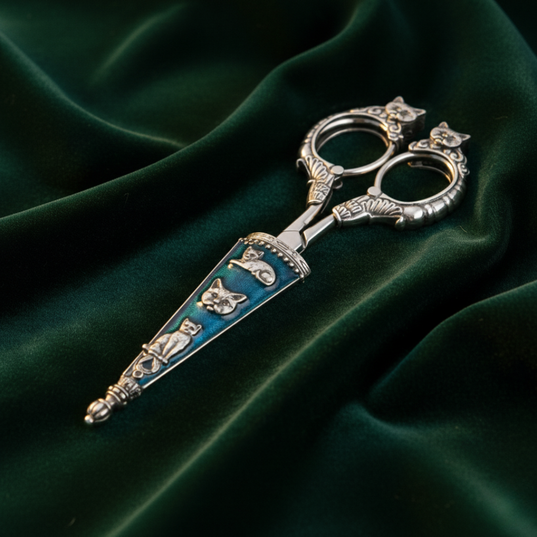 Antiqued Classic Blue Enamel Cat Scissors