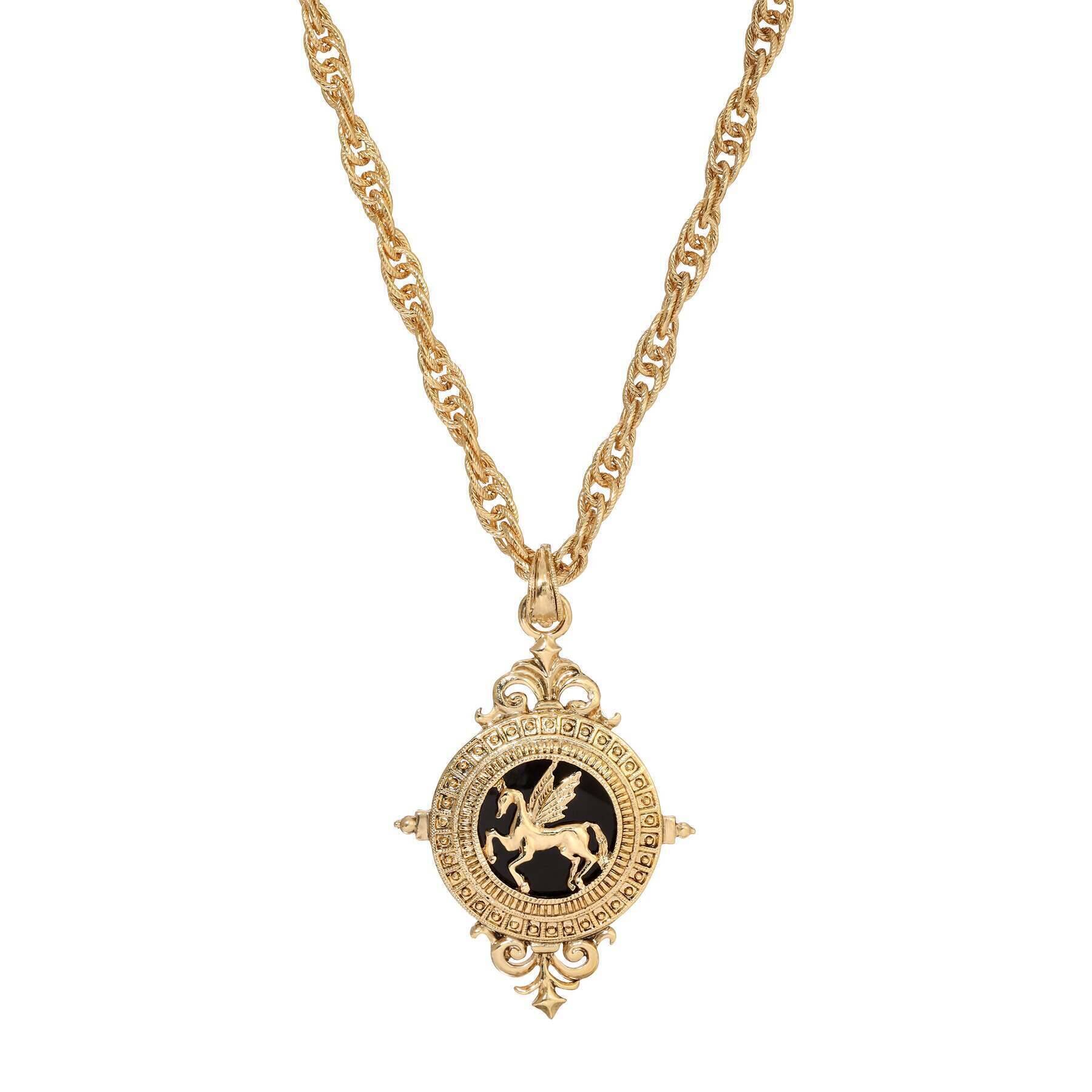 Onyx Gemstone Gold Pegasus Acanthus Pendant Necklace 16" + 3" Extender