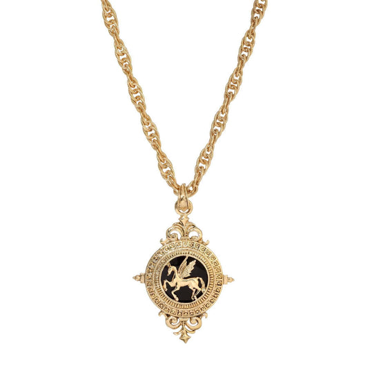 Onyx Gemstone Gold Pegasus Acanthus Pendant Necklace 16" + 3" Extender