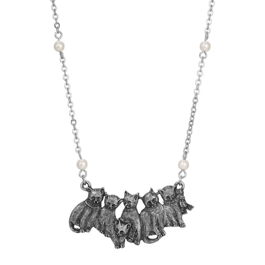 Faux Pearl Clowder Pendant Necklace 16" + 3" Extension