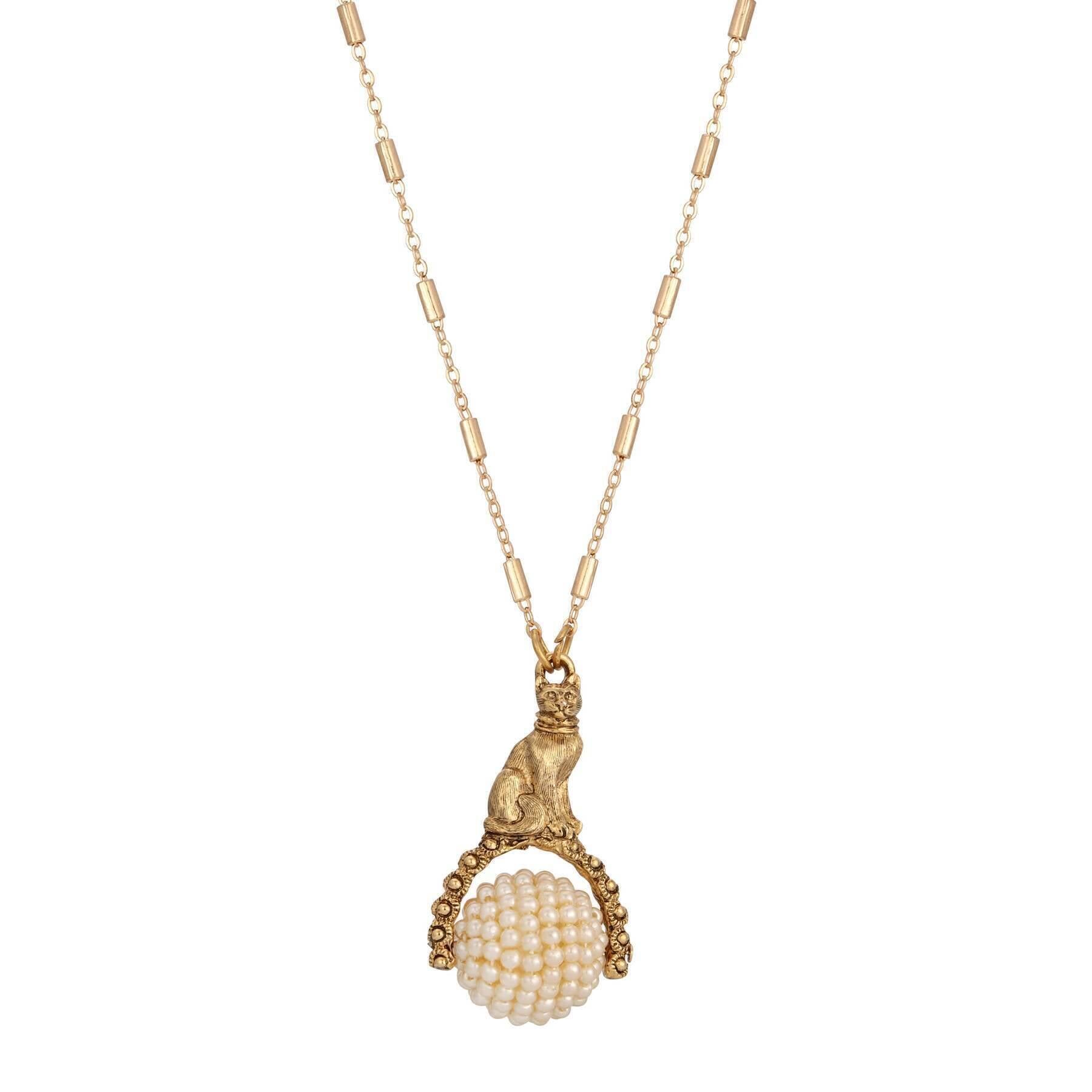 Rotating Seeded Faux Pearl Cat Spinner Pendant Necklace 28"