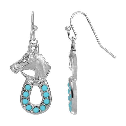 Turquoise Crystal Horseshoe Horse Drop Earrings