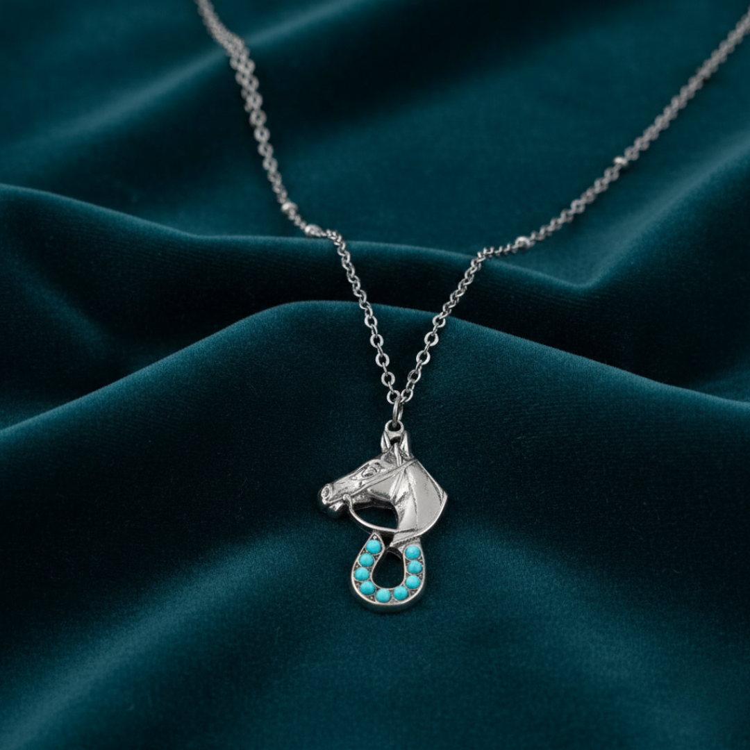 Equestrian Elegance Turquoise Crystal Pendant Necklace 16" + 3" Extension