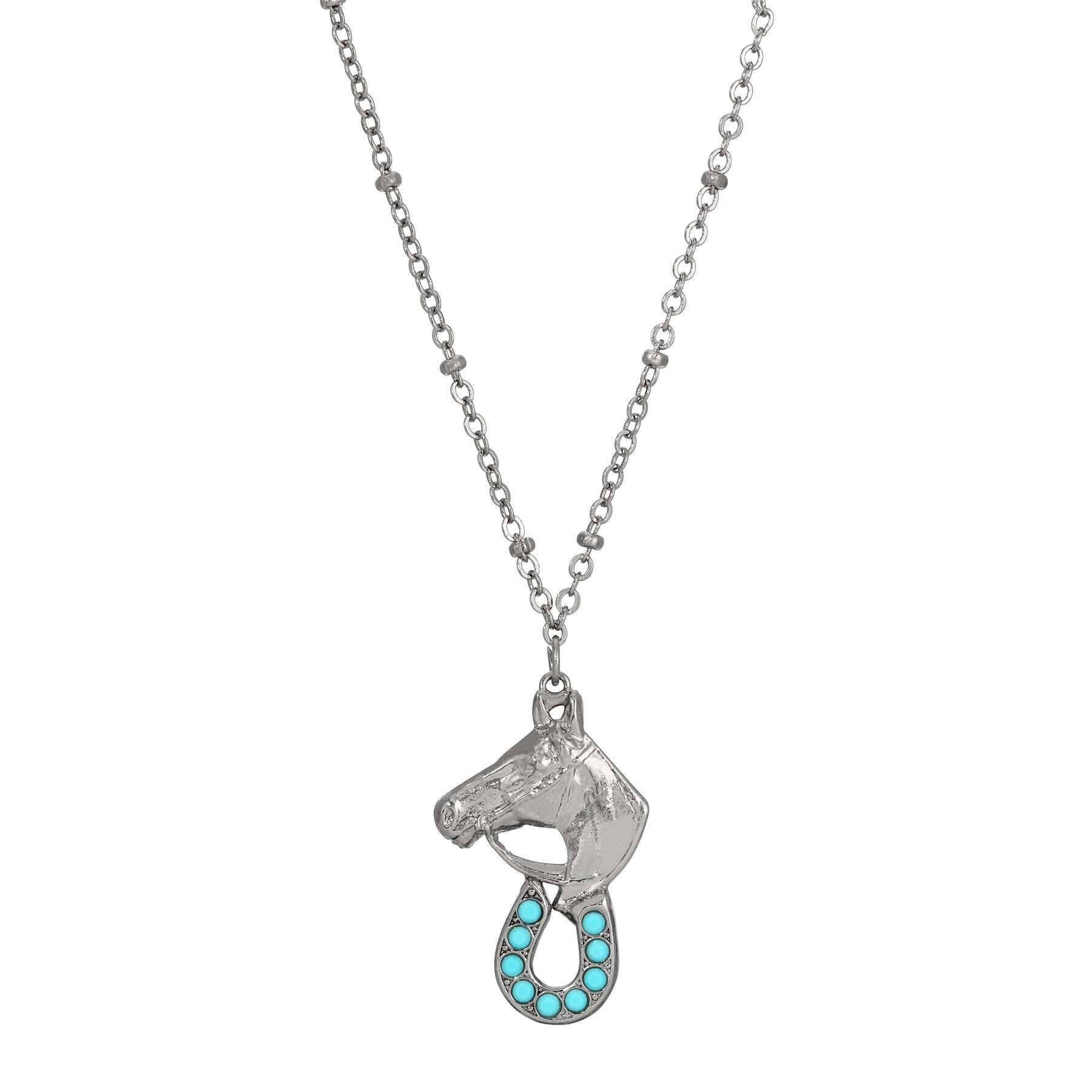 Equestrian Elegance Turquoise Crystal Pendant Necklace 16" + 3" Extension