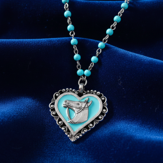 Turquoise Beaded Rolo Chain Filigree Heart Horse Pendant Necklace 18"