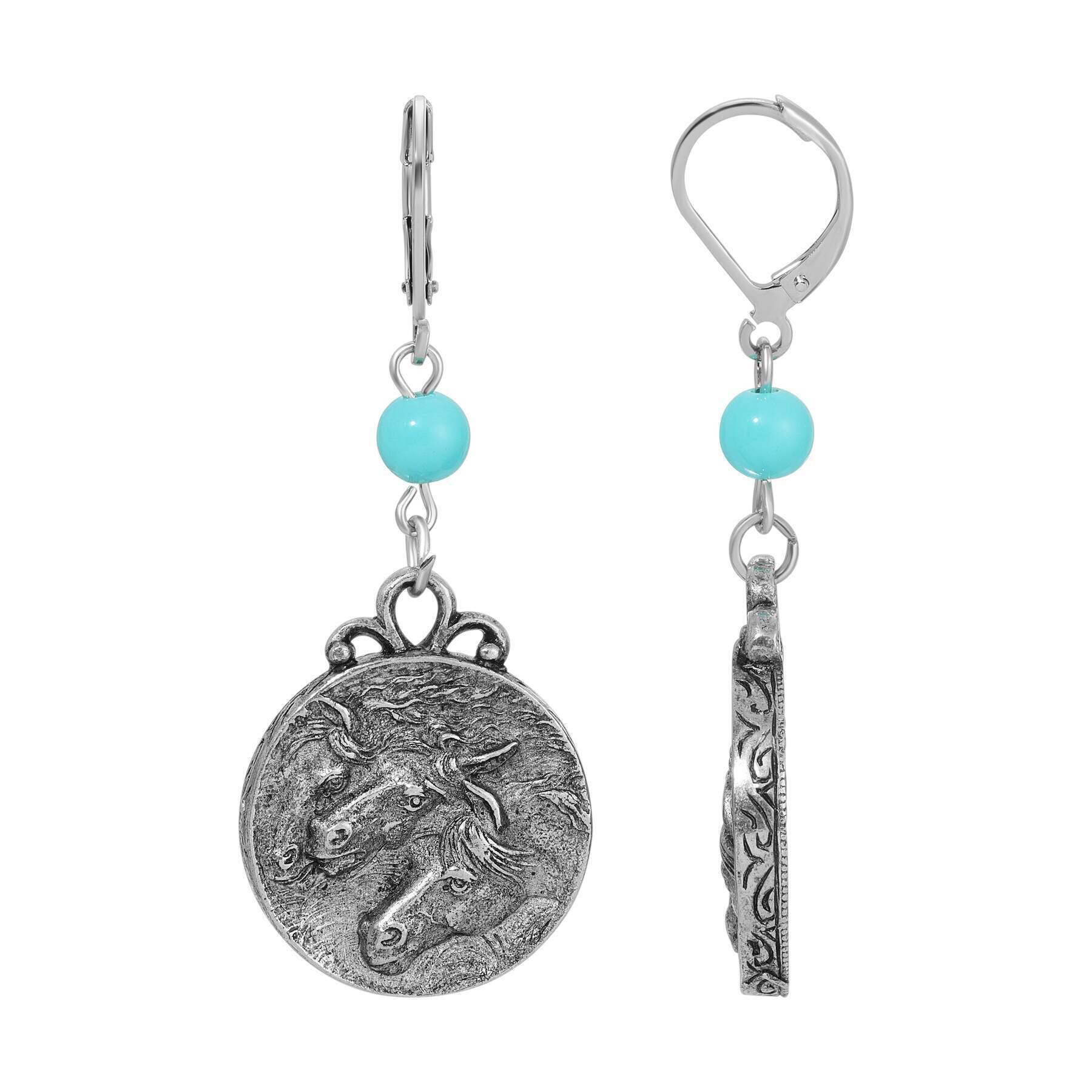 Turquoise Beaded Dangling Round Horse Dangle Earrings