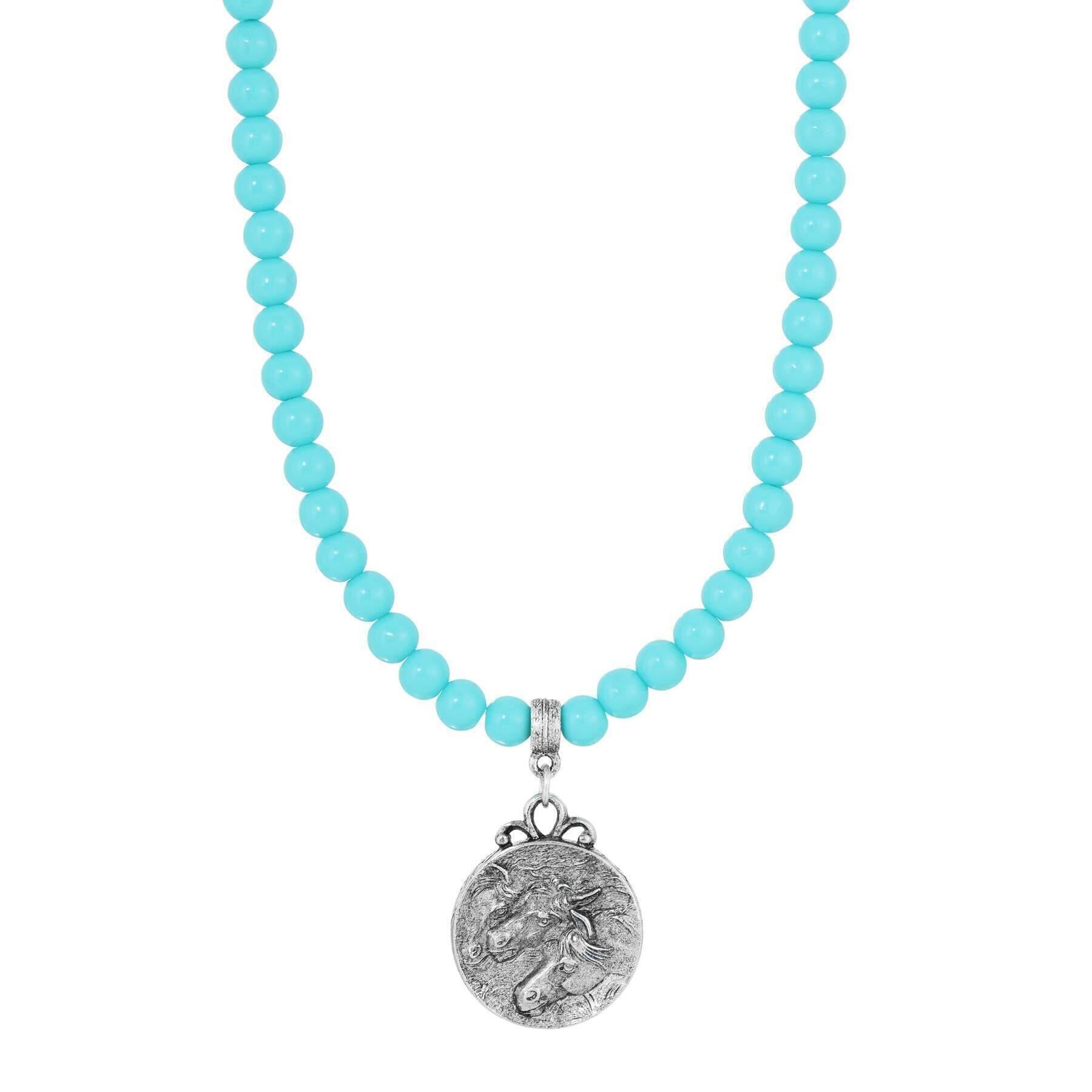 Turquoise Beaded Strand Horse Pendant Necklace 15" + 3" Extender