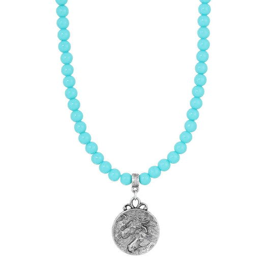 Turquoise Beaded Strand Horse Pendant Necklace 15" + 3" Extender
