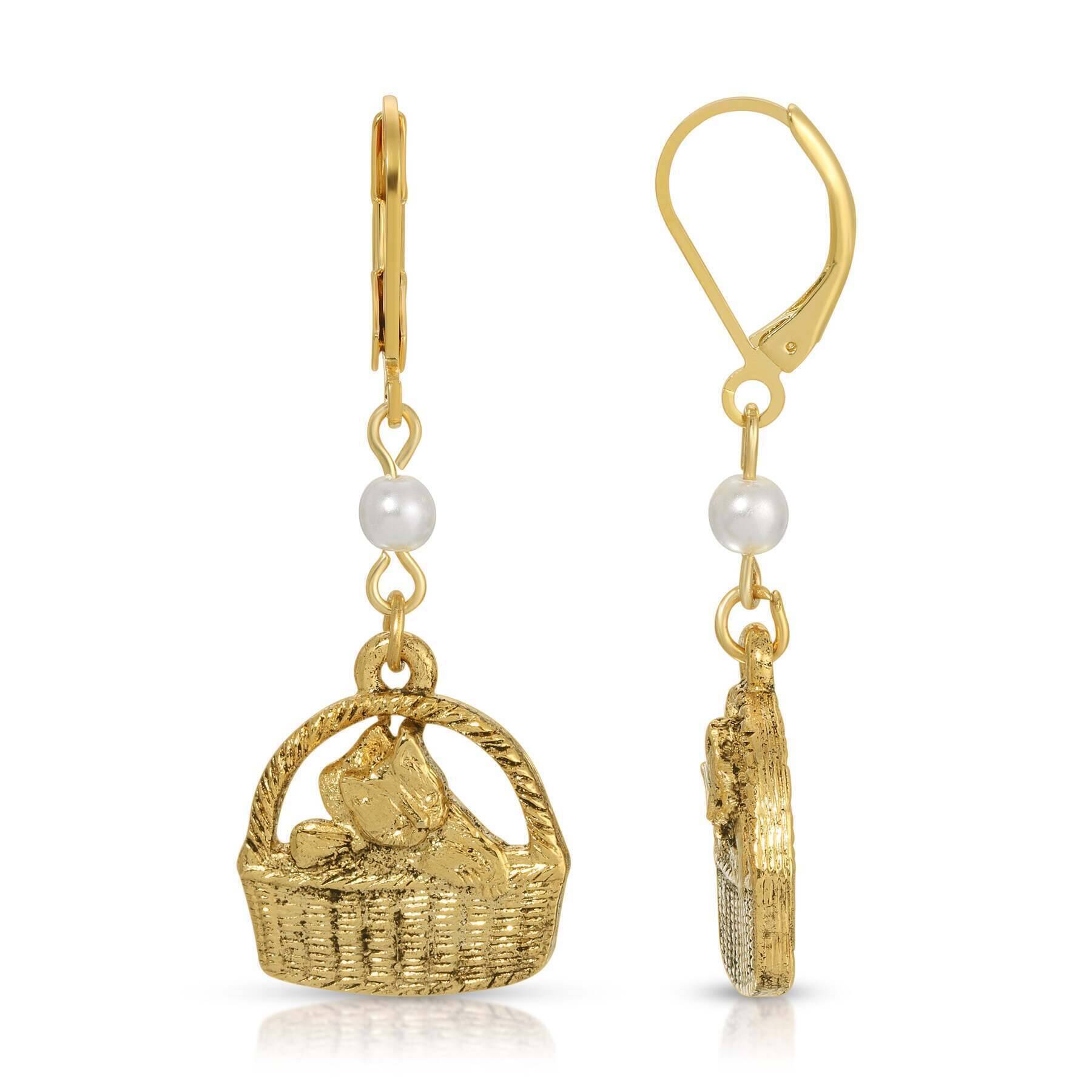 Faux Pearl Gold Cat In Handbasket Dangling Earrings