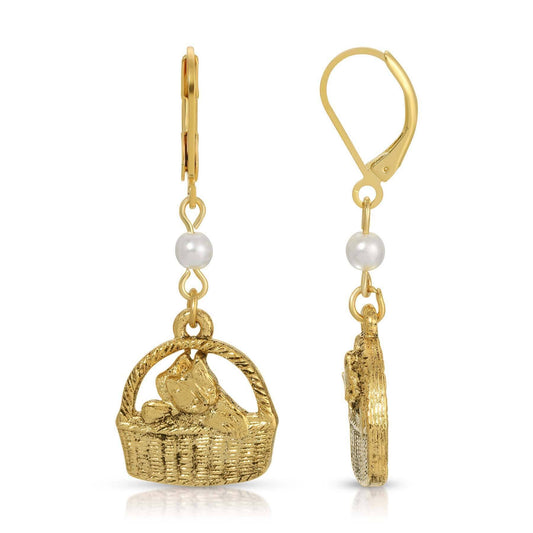 Faux Pearl Gold Cat In Handbasket Dangling Earrings