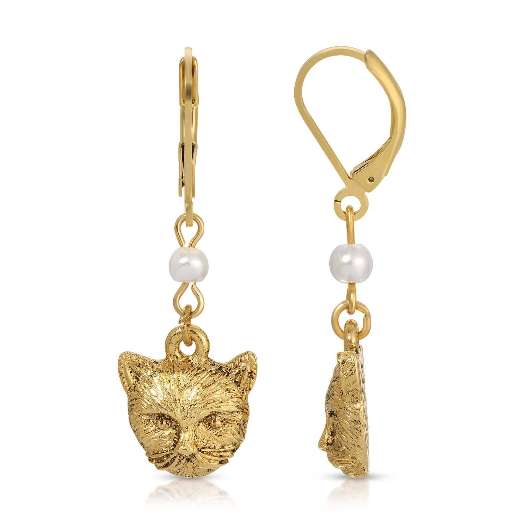Faux Pearl Gold Cat Dangling Earrings