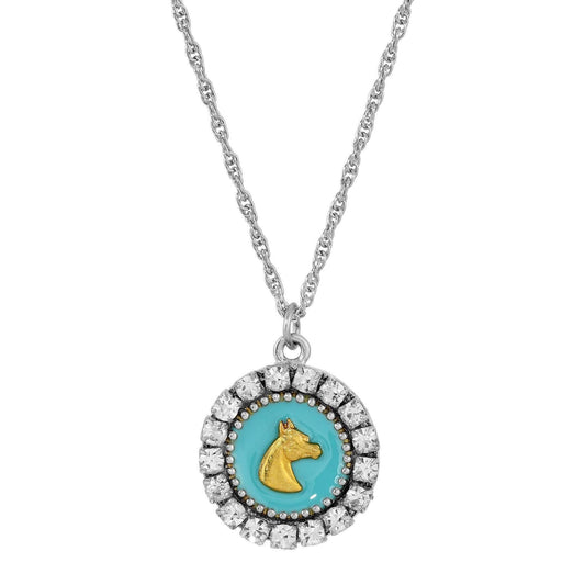 Gold Horse Motif Turquoise Enamel Crystal Pendant Necklace 16"