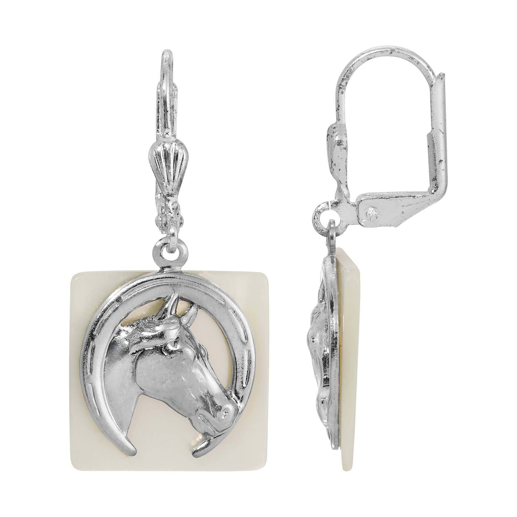Horseshoe and Horse Head Motif Mother Of Pearl Drop Earrings