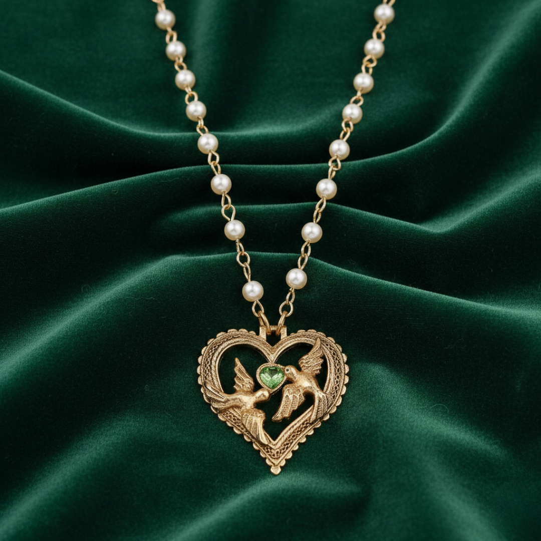 Crystal Heart Love Birds Pendant Necklace 15" + 3" Extension
