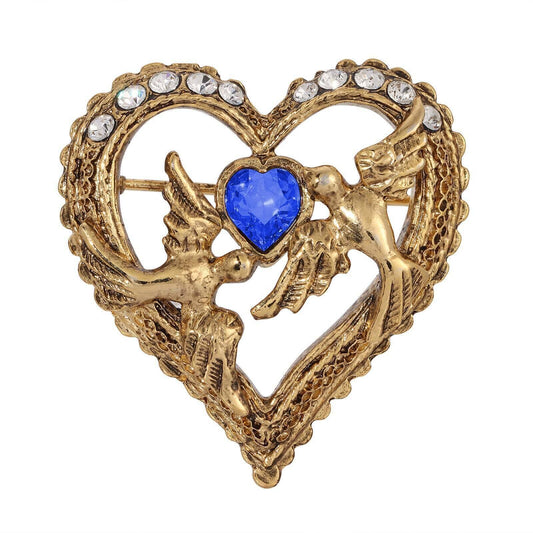 Crystal Heart Love Birds Pin